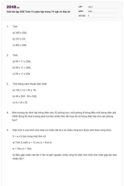 Giải bài tập SGK Toán 4 Luyện tập trang 74 sgk có đáp án