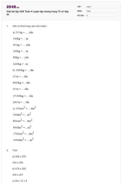 Giải bài tập SGK Toán 4 Luyện tập chung trang 75 có đáp án