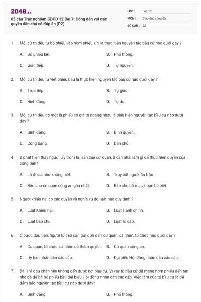 65 câu Trắc nghiệm GDCD 12 Bài 7: Công dân với các quyền dân chủ có đáp án (P2)
