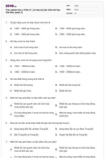 Trắc nghiệm Địa Lí 8 Bài 31: (có đáp án) Đặc điểm khí hậu Việt Nam (phần 2)
