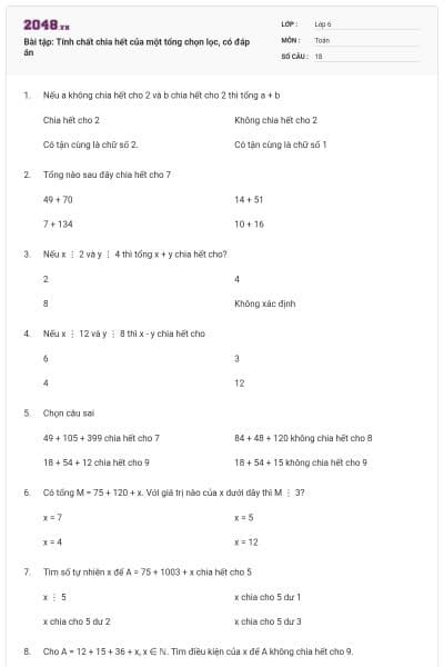 Bài tập: Tính chất chia hết của một tổng chọn lọc, có đáp án