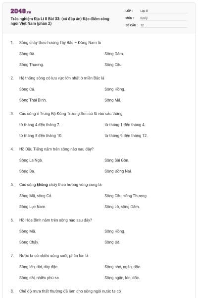 Trắc nghiệm Địa Lí 8 Bài 33: (có đáp án) Đặc điểm sông ngòi Việt Nam (phần 2)