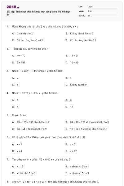 Bài tập: Tính chất chia hết của một tổng chọn lọc, có đáp án