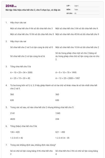 Bài tập: Dấu hiệu chia hết cho 2, cho 5 chọn lọc, có đáp án