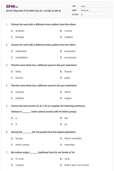 Đề thi Tiếng Anh 8 Thí điểm Học kì 1 có đáp án (Đề 4)