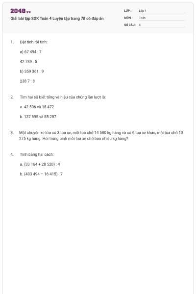 Giải bài tập SGK Toán 4 Luyện tập trang 78 có đáp án