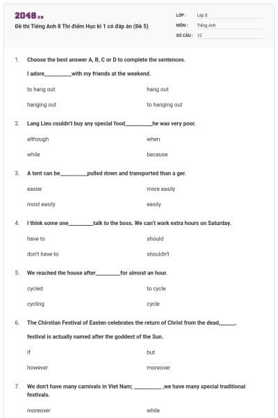 Đề thi Tiếng Anh 8 Thí điểm Học kì 1 có đáp án (Đề 5)