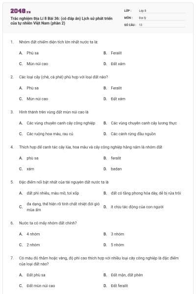 Trắc nghiệm Địa Lí 8 Bài 36: (có đáp án) Lịch sử phát triển của tự nhiên Việt Nam (phần 2)