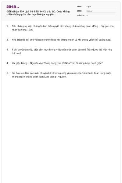Giải bài tập SGK Lịch Sử 4 Bài 14(Có đáp án): Cuộc kháng chiến chống quân xâm lược Mông - Nguyên