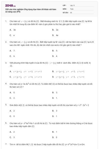 200 câu trắc nghiệm Ứng dụng đạo hàm để khảo sát hàm số nâng cao (P9)