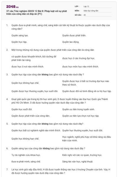 37 câu Trắc nghiệm GDCD 12 Bài 8: Pháp luật với sự phát triển của công dân có đáp án (P1)