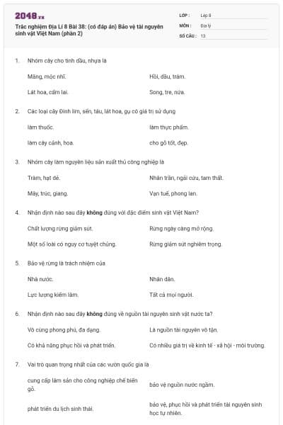 Trắc nghiệm Địa Lí 8 Bài 38: (có đáp án) Bảo vệ tài nguyên sinh vật Việt Nam (phần 2)