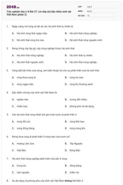 Trắc nghiệm Địa Lí 8 Bài 37: (có đáp án) Đặc điểm sinh vật Việt Nam (phần 2)