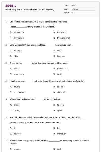 Đề thi Tiếng Anh 8 Thí điểm Học kì 1 có đáp án (Đề 5)