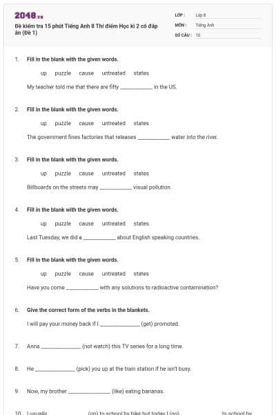Đề kiểm tra 15 phút Tiếng Anh 8 Thí điểm Học kì 2 có đáp án (Đề 1)