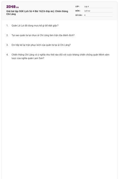 Giải bài tập SGK Lịch Sử 4 Bài 16(Có đáp án): Chiến thắng Chi Lăng