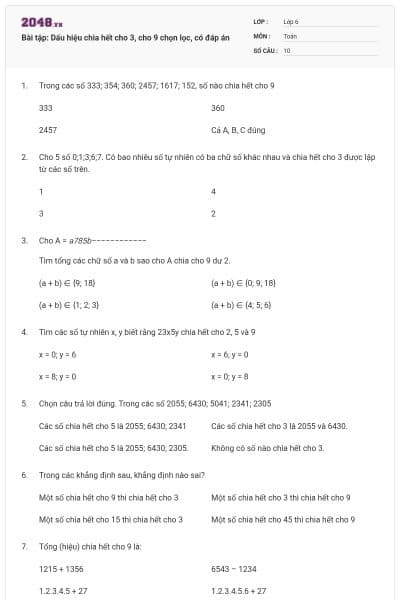 Bài tập: Dấu hiệu chia hết cho 3, cho 9 chọn lọc, có đáp án