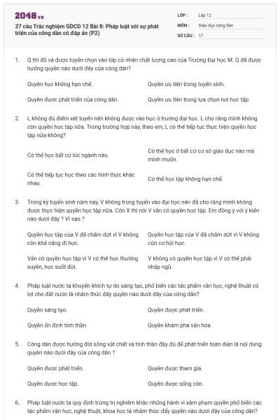 37 câu Trắc nghiệm GDCD 12 Bài 8: Pháp luật với sự phát triển của công dân có đáp án (P2)