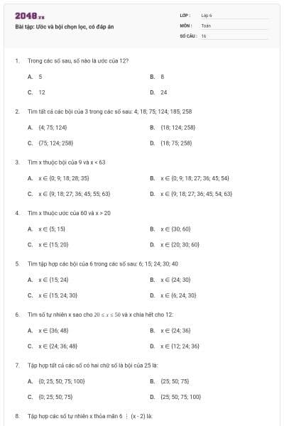 Bài tập: Ước và bội chọn lọc, có đáp án