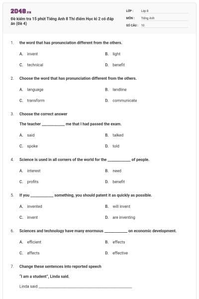 Đề kiểm tra 15 phút Tiếng Anh 8 Thí điểm Học kì 2 có đáp án (Đề 4)