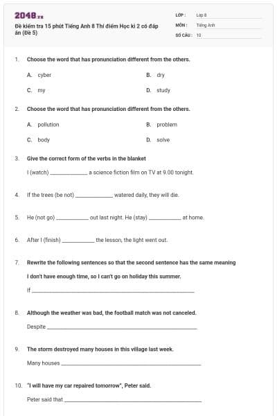 Đề kiểm tra 15 phút Tiếng Anh 8 Thí điểm Học kì 2 có đáp án (Đề 5)