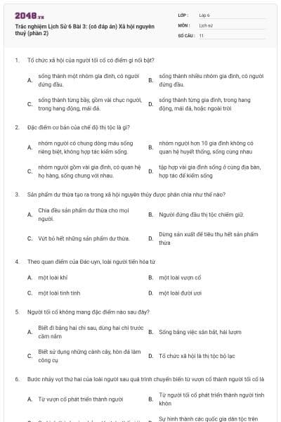 Trắc nghiệm Lịch Sử 6 Bài 3: (có đáp án) Xã hội nguyên thuỷ (phần 2)