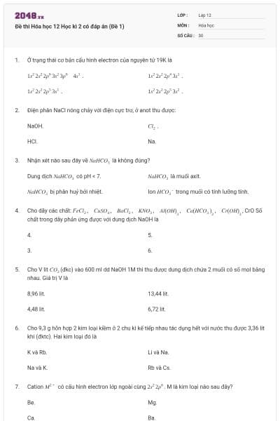 Đề thi Hóa học 12 Học kì 2 có đáp án (Đề 1)