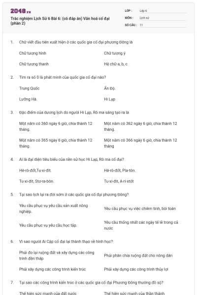 Trắc nghiệm Lịch Sử 6 Bài 6: (có đáp án) Văn hoá cổ đại (phần 2)