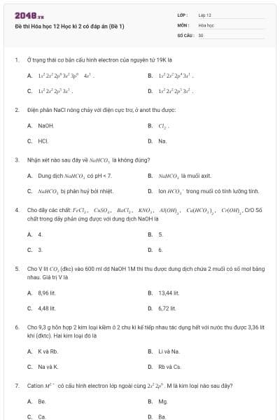 Đề thi Hóa học 12 Học kì 2 có đáp án (Đề 1)
