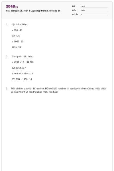 Giải bài tập SGK Toán 4 Luyện tập trang 83 có đáp án