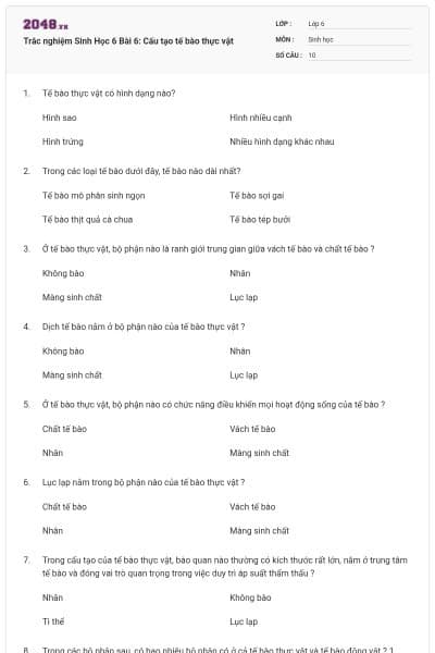 Trắc nghiệm Sinh Học 6 Bài 6: Cấu tạo tế bào thực vật