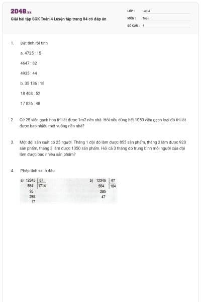 Giải bài tập SGK Toán 4 Luyện tập trang 84 có đáp án