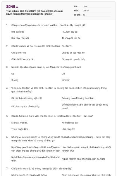 Trắc nghiệm Lịch Sử 6 Bài 9: (có đáp án) Đời sống của người nguyên thủy trên đất nước ta (phần 2)