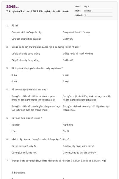 Trắc nghiệm Sinh Học 6 Bài 9:  Các loại rễ, các miền của rễ