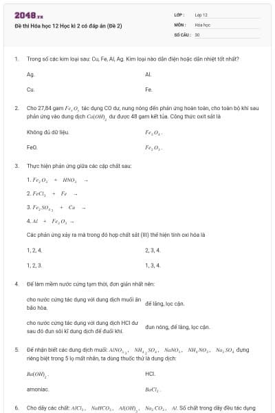 Đề thi Hóa học 12 Học kì 2 có đáp án (Đề 2)