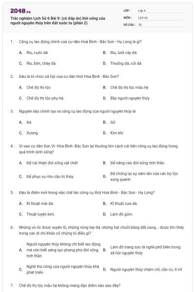 Trắc nghiệm Lịch Sử 6 Bài 9: (có đáp án) Đời sống của người nguyên thủy trên đất nước ta (phần 2)