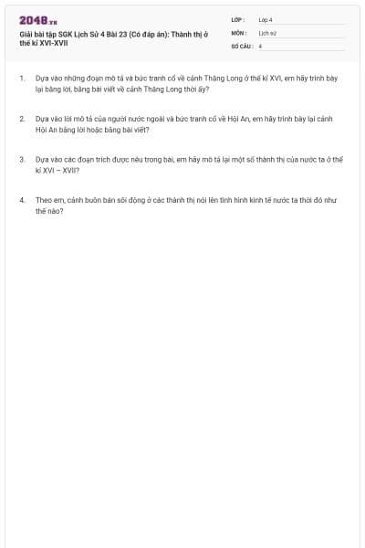 Giải bài tập SGK Lịch Sử 4 Bài 23 (Có đáp án): Thành thị ở thế kỉ XVI-XVII