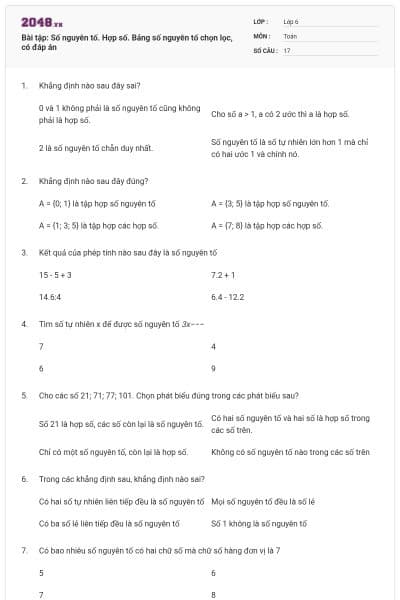 Bài tập: Số nguyên tố. Hợp số. Bảng số nguyên tố chọn lọc, có đáp án