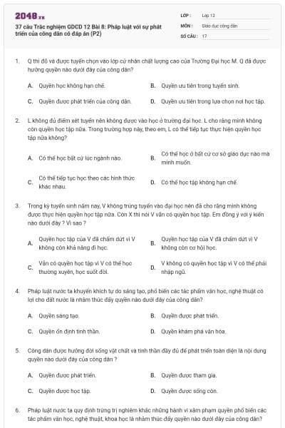 37 câu Trắc nghiệm GDCD 12 Bài 8: Pháp luật với sự phát triển của công dân có đáp án (P2)