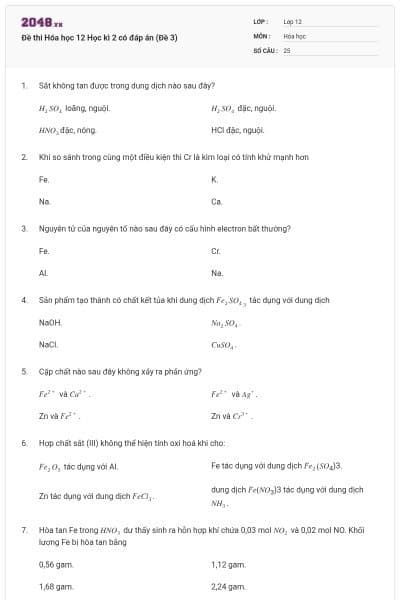 Đề thi Hóa học 12 Học kì 2 có đáp án (Đề 3)