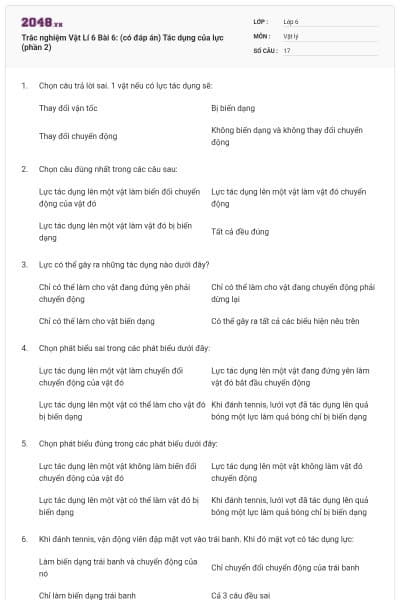 Trắc nghiệm Vật Lí 6 Bài 6: (có đáp án) Tác dụng của lực (phần 2)