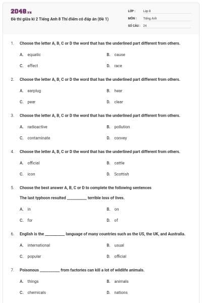 Đề thi giữa kì 2 Tiếng Anh 8 Thí điểm có đáp án (Đề 1)