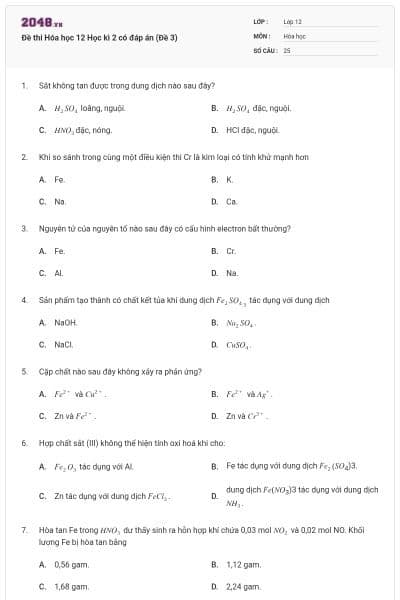 Đề thi Hóa học 12 Học kì 2 có đáp án (Đề 3)
