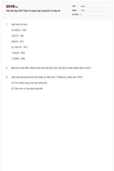 Giải bài tập SGK Toán 4 Luyện tập trang 89 có đáp án