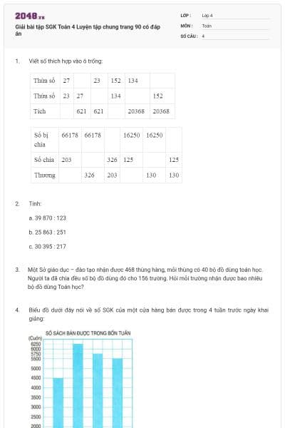 Giải bài tập SGK Toán 4 Luyện tập chung trang 90 có đáp án