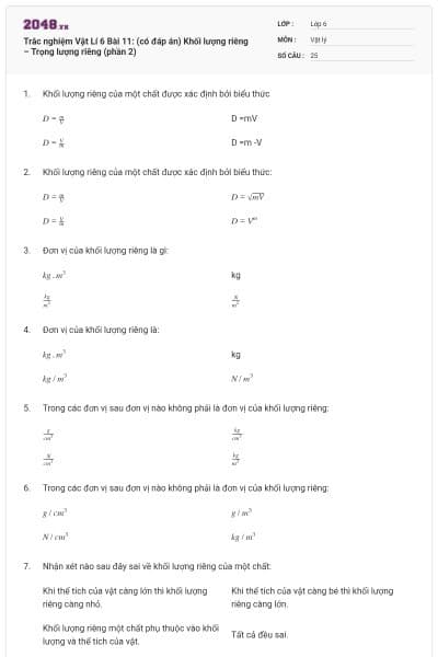 Trắc nghiệm Vật Lí 6 Bài 11: (có đáp án) Khối lượng riêng – Trọng lượng riêng (phần 2)