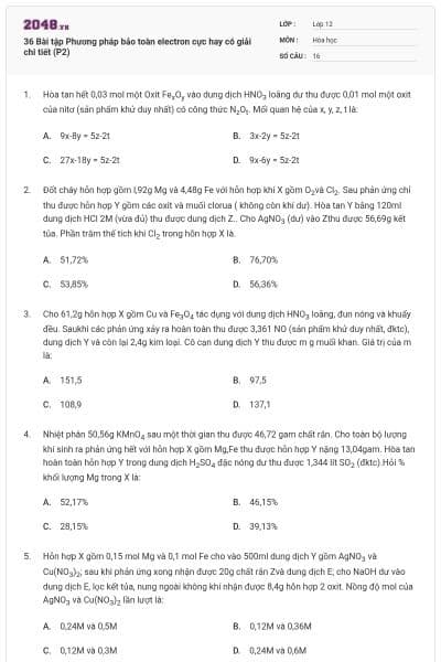 36 Bài tập Phương pháp bảo toàn electron cực hay có giải chi tiết (P2)