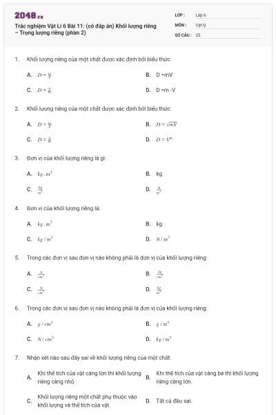 Trắc nghiệm Vật Lí 6 Bài 11: (có đáp án) Khối lượng riêng – Trọng lượng riêng (phần 2)
