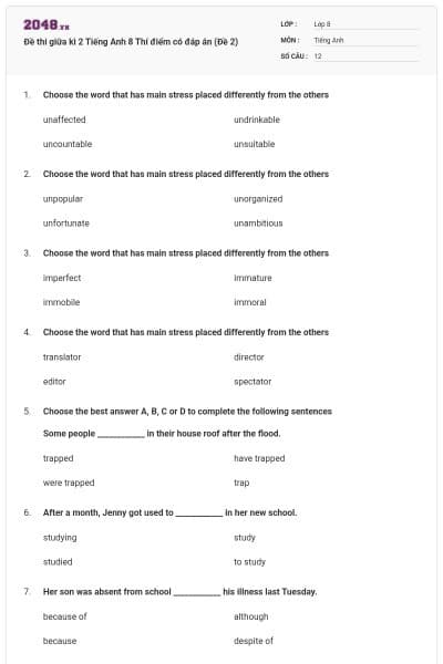 Đề thi giữa kì 2 Tiếng Anh 8 Thí điểm có đáp án (Đề 2)
