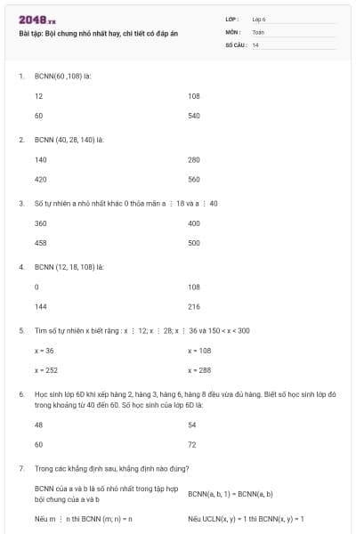 Bài tập: Bội chung nhỏ nhất hay, chi tiết có đáp án
